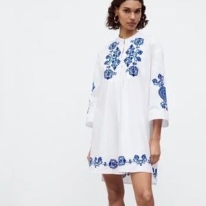 Zara Mini Blue White Embroidered Dress XS